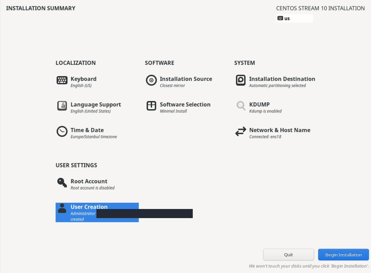 CentOS son kurulum özeti; tamamlanmış kaynak, Minimal Install, Europe/Istanbul, bağlı ağ, devre dışı root ve gizlenmiş yönetici kullanıcı; etkin Begin Installation ve diske dokunma sınırını açıklayan alt metin.