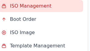 Müşteri panelinin açık ISO Management menüsünde Boot Order, ISO Image ve Template Management öğeleri; ISO Image işaretli.