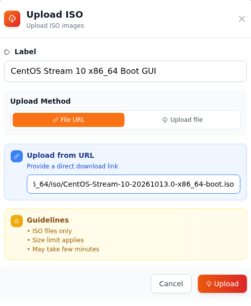 DCHost Upload ISO formu; CentOS Stream 10 x86_64 Boot GUI etiketi, File URL yöntemi, boot.iso bağlantısı ve Upload düğmesi.