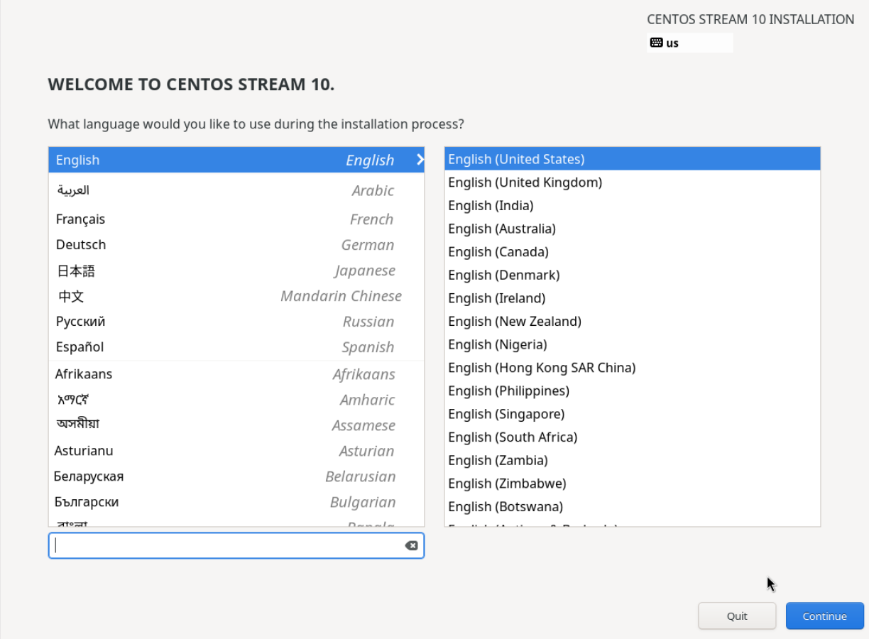 CentOS Stream 10 grafik yükleyicisinin karşılama ekranı; English ve English (United States) seçili, sağ altta Continue düğmesi.