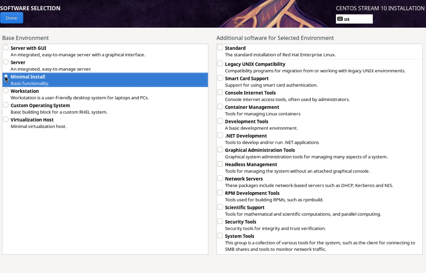 CentOS Software Selection ekranında Minimal Install satırı seçili; ek yazılım kutuları boş ve Done düğmesi görünür.