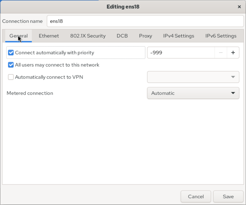 Editing ens18 General sekmesinde Connect automatically with priority ve All users may connect to this network işaretli; Save düğmesi etkin.