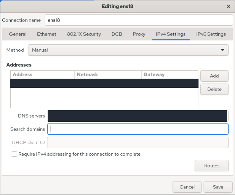 Manual IPv4 bağlantı ayarlarında Address, Netmask, Gateway ve DNS servers alanları; girilen özel ağ değerleri kalıcı olarak maskelenmiş.
