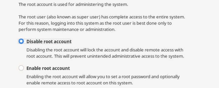 CentOS Root Account ekranında Disable root account seçili; Enable root account seçili değil.