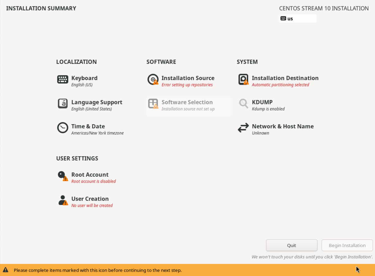 CentOS Stream 10 Installation Summary ekranı; ağ Unknown, Installation Source için Error setting up repositories, devre dışı Software Selection ve tamamlanması gereken alanları bildiren sarı alt bant.