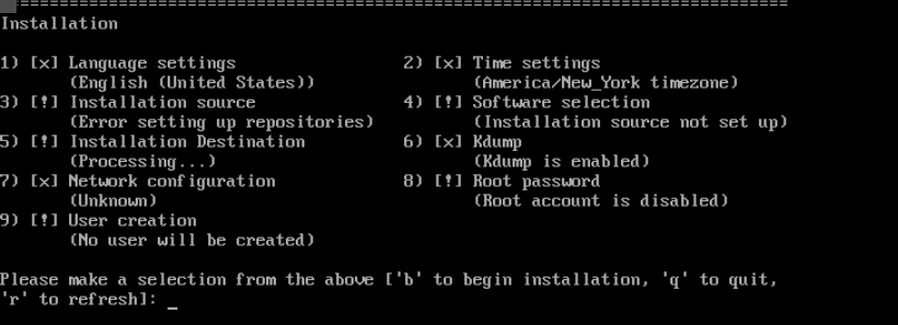 Kurulum ana menüsünü tanıyın; gerçek CentOS Stream kurulum ekranı.