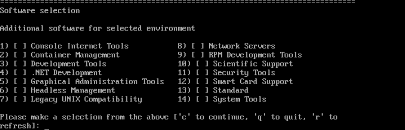 Ek yazılım gruplarını gözden geçirin; gerçek CentOS Stream kurulum ekranı.