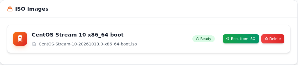 CentOS ISO dosyasının Ready durumunu kontrol edin; gerçek demo sunucusu ekranı.