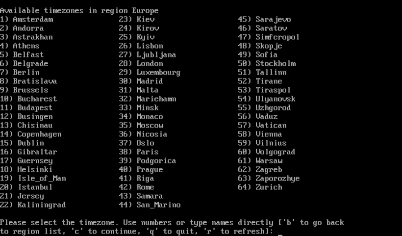 Şehir listesinden Istanbul seçin; gerçek CentOS Stream kurulum ekranı.