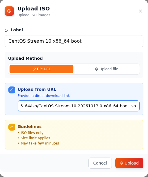 CentOS Stream ISO bilgilerini girin; gerçek demo sunucusu ekranı.