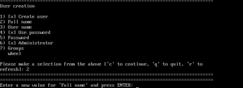 Kullanıcının görünen adını girin; gerçek CentOS Stream kurulum ekranı.