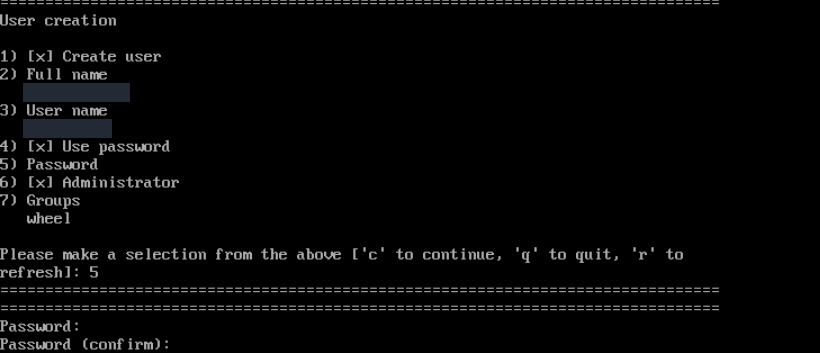 Aynı parolayı yeniden girin; gerçek CentOS Stream kurulum ekranı.