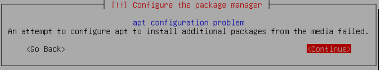 Medyadan ek paket kurulumu uyarısını okuyun; gerçek Debian kurulum ekranı.