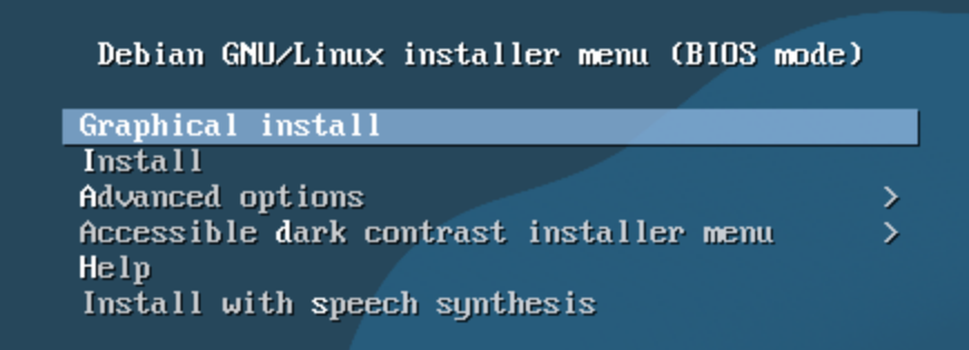 Gerçek Debian kurulum başlangıç menüsünde Graphical install seçili; hemen altında metin kurulumunu açan Install satırı var.