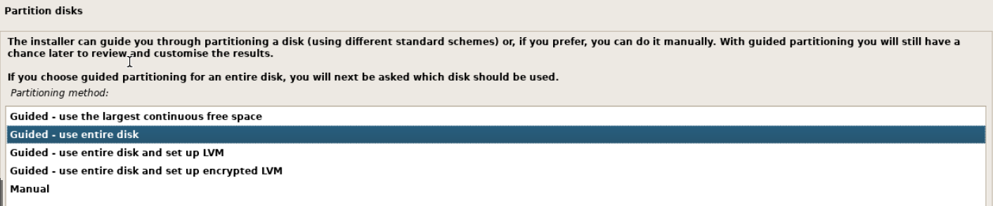 Debian grafik kurulumunun Partitioning method listesinde Guided - use entire disk seçili.