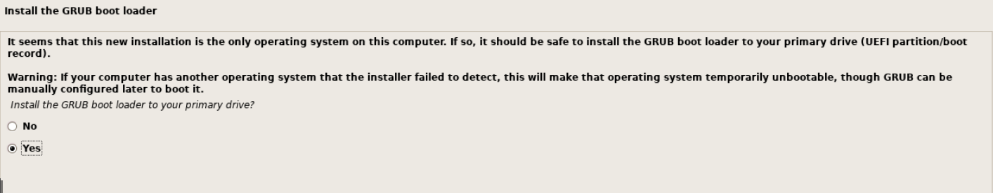 Debian grafik kurulumunun Install the GRUB boot loader to your primary drive sorusunda Yes seçili.
