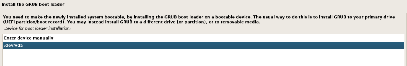 Debian grafik kurulumunda Enter device manually satırının altındaki /dev/vda önyükleyici hedefi seçili.