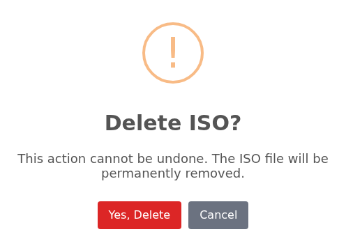 Delete ISO? onay penceresi; dosyanın kalıcı silineceğini belirten metin ile Yes, Delete ve Cancel düğmeleri.