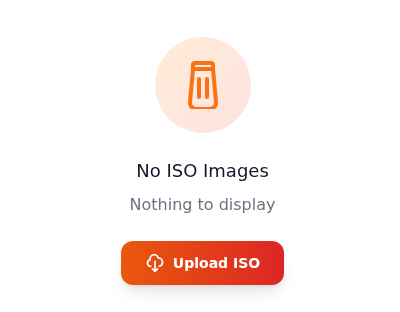 Boş ISO kitaplığında No ISO Images ve Nothing to display mesajları; altında Upload ISO düğmesi.