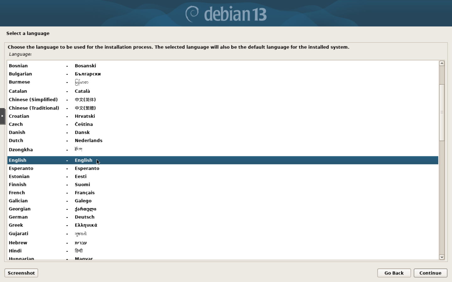 Debian grafik kurulum sihirbazında English dilinin seçili olduğu liste ve sağ alttaki Continue düğmesi.