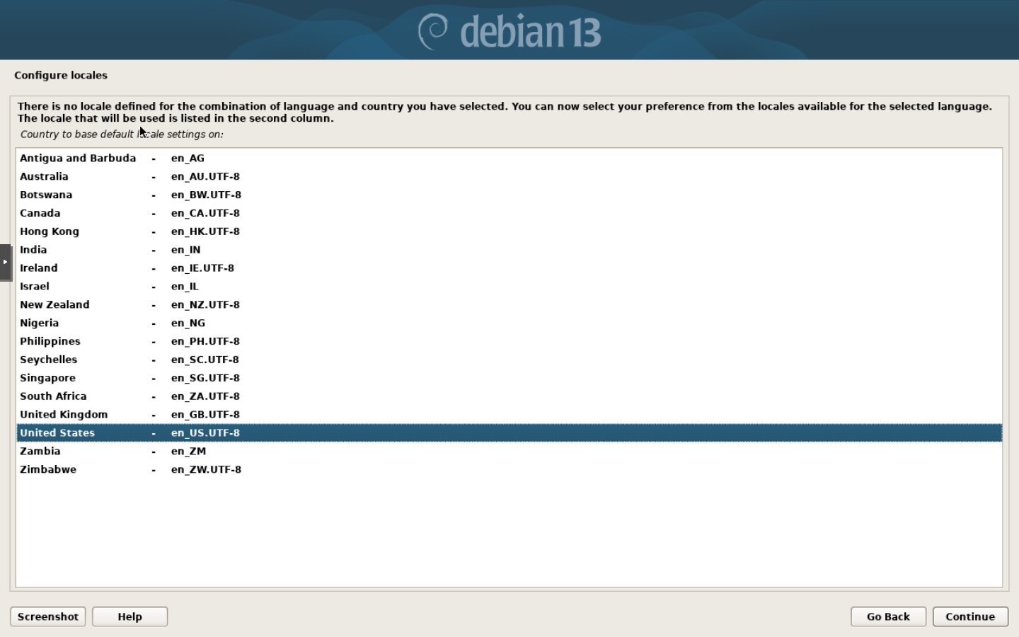 Debian grafik kurulumunun Configure locales ekranında United States ve en_US.UTF-8 satırı seçili.