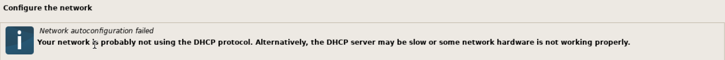 Debian grafik kurulumunda Network autoconfiguration failed uyarısı ve DHCP açıklaması.