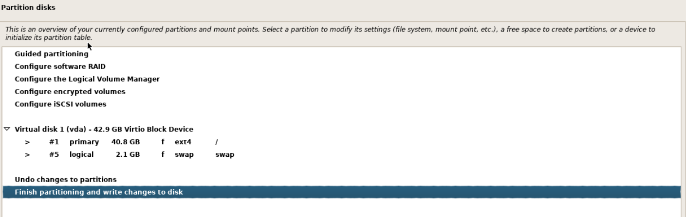 Debian grafik bölümleme özeti: vda üzerinde 40.8 GB ext4 / ve 2.1 GB swap; Finish partitioning and write changes to disk satırı seçili.