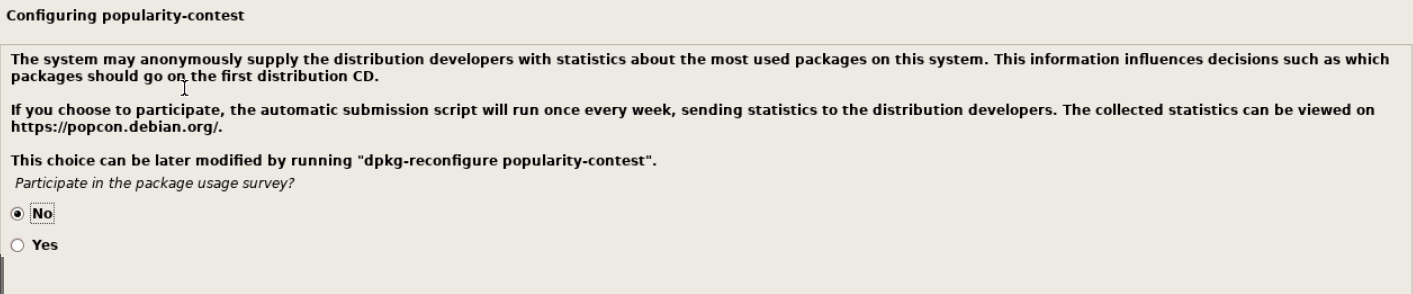 Debian grafik kurulumunda Participate in the package usage survey sorusunda No seçili.