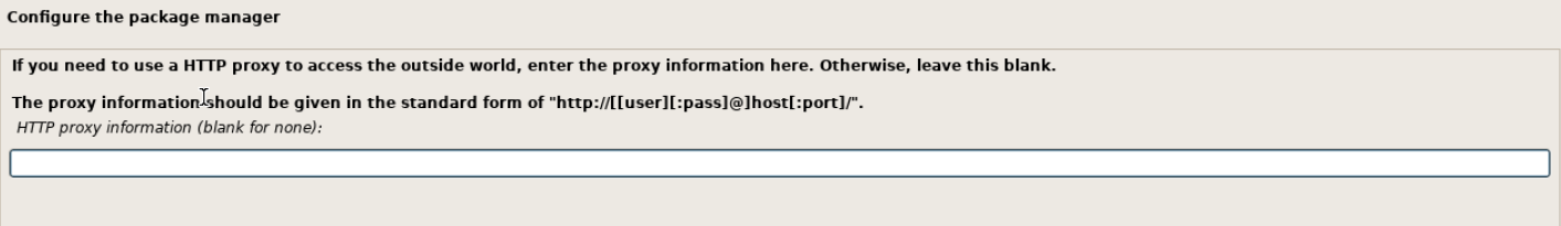 Debian grafik paket yöneticisi kurulumunda HTTP proxy information alanı boş.