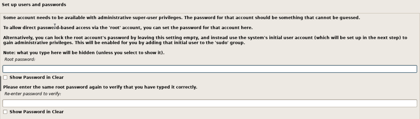 Debian grafik kurulumunda Root password ve Re-enter password to verify alanları gerçekten boş; sudo yaklaşımını açıklayan metin görünüyor.