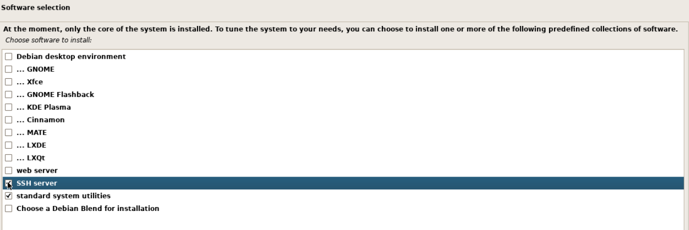 Gerçek Debian grafik Software selection ekranında Debian desktop environment ve GNOME boş; yalnız SSH server ve standard system utilities işaretli.