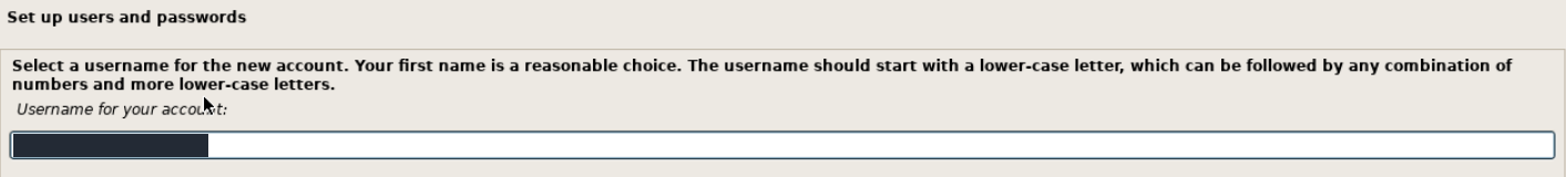 Debian grafik kurulumunda Username for your account alanı; demo giriş kullanıcı adı gizlenmiş.