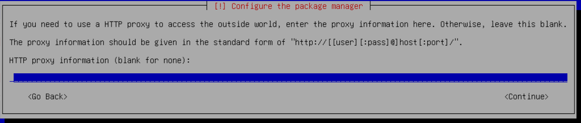 Proxy kullanmıyorsanız alanı boş bırakın; gerçek Debian kurulum ekranı.