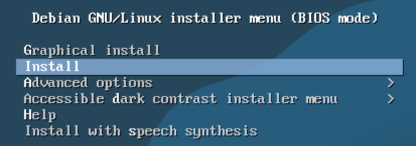 Debian13 BIOS kurulum menüsünde Install satırı seçili.