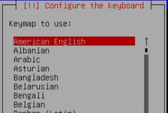 Debian klavye düzeni ekranının üst bölümünde American English seçili.