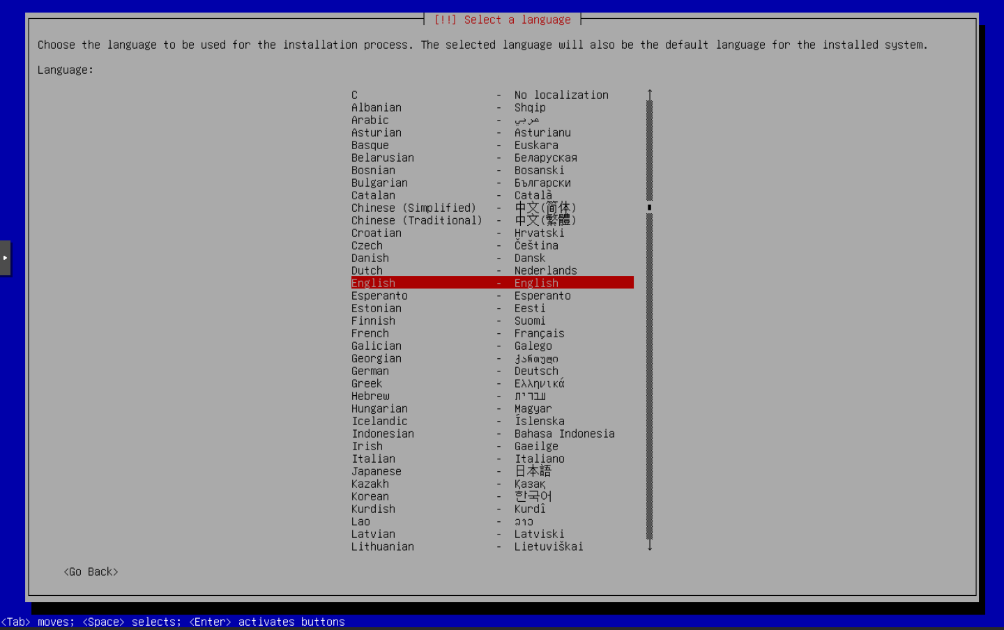 Debian kurulum ekranında English dilinin seçili olduğu dil listesi ve altta Tab, Space, Enter açıklamaları.