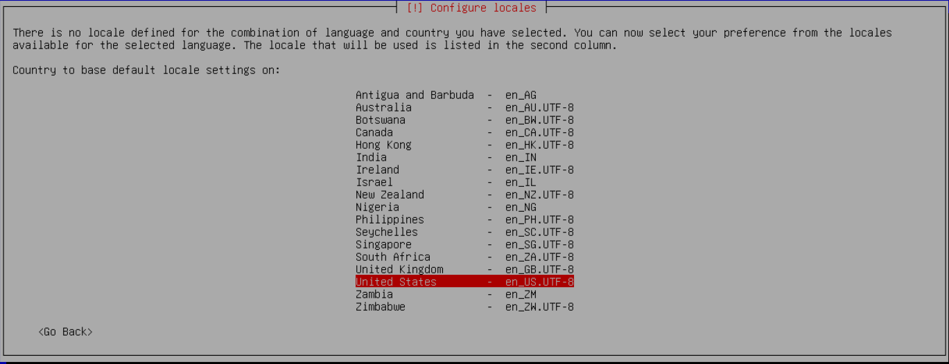 Debian Configure locales ekranında United States — en_US.UTF-8 seçili.