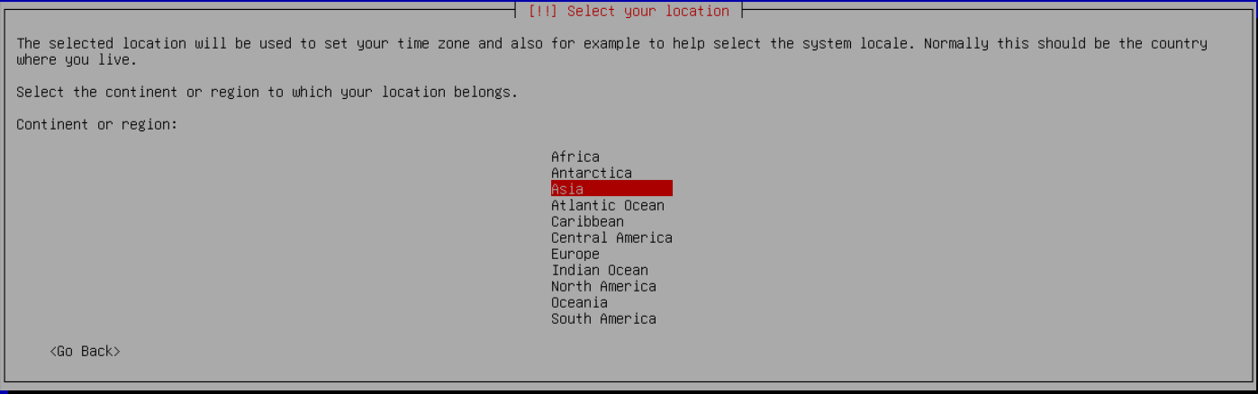 Debian konum ekranında Asia satırı seçili.