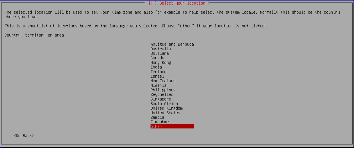 Debian konum seçimi kısa listesinde other seçeneği işaretli.