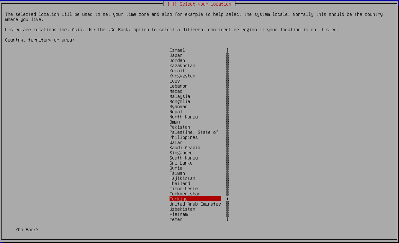 Debian Asia ülke listesinde Türkiye satırı kırmızıyla seçili.