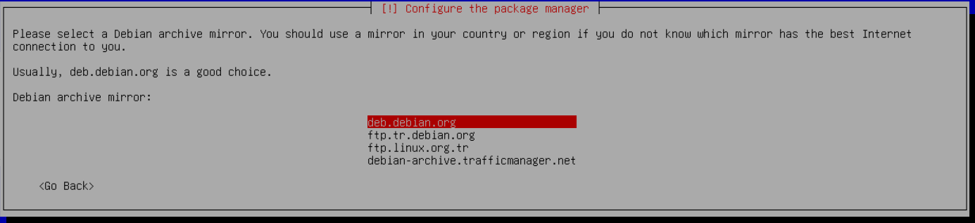 Debian paket sunucusunu seçin; gerçek Debian kurulum ekranı.