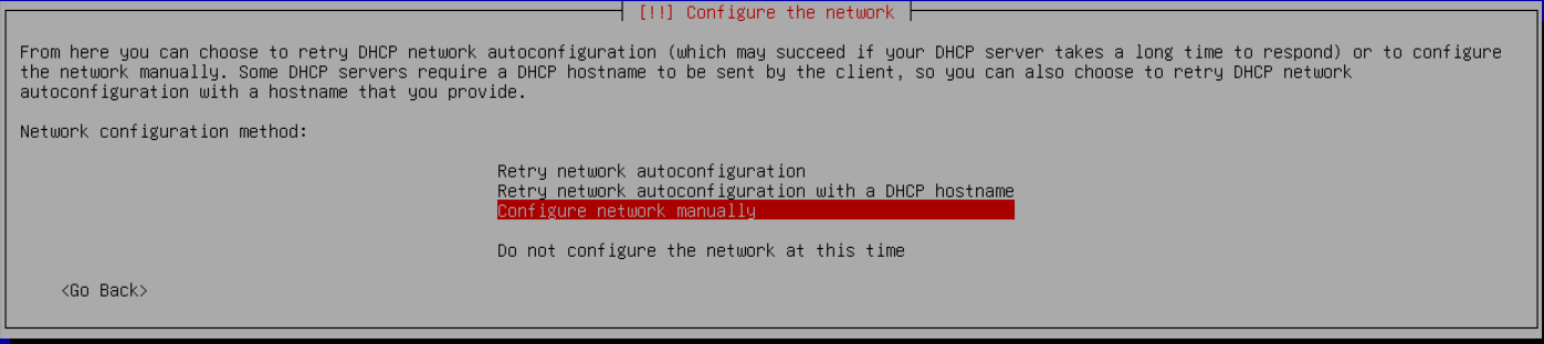 Debian ağ yapılandırma yöntemlerinde Configure network manually seçili.