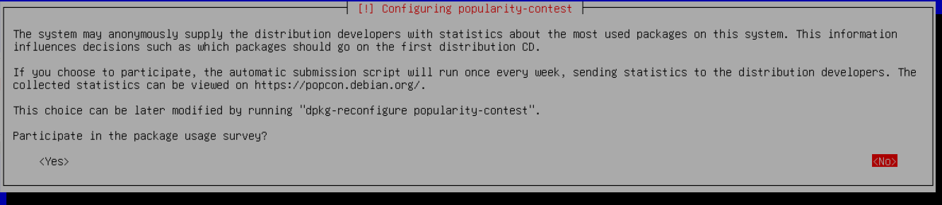 Debian popularity-contest ekranında No seçili.