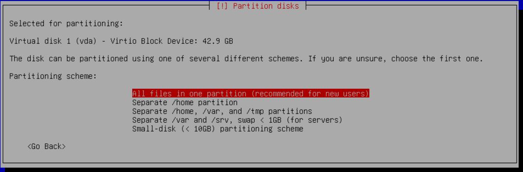 Bölümleme düzenini seçin; gerçek Debian kurulum ekranı.