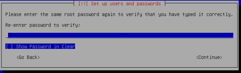 Root parolası tercihini onaylayın; gerçek Debian kurulum ekranı.