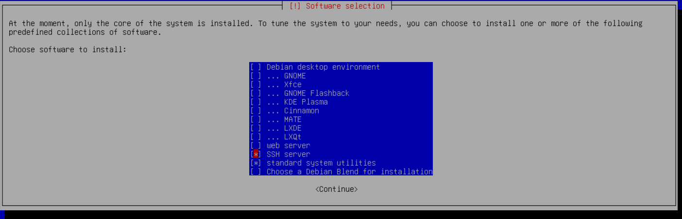 Debian Software selection ekranında SSH server ve standard system utilities işaretli, masaüstü seçenekleri boş.