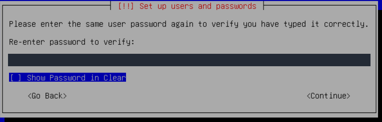 Kullanıcı parolasını tekrar girin; gerçek Debian kurulum ekranı.