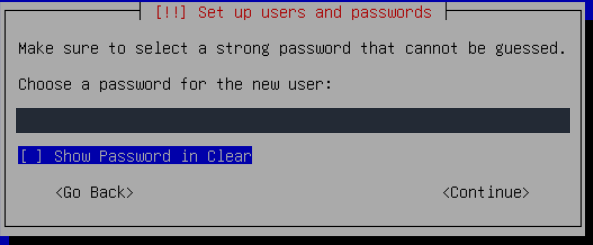 Kullanıcıya güçlü bir parola belirleyin; gerçek Debian kurulum ekranı.