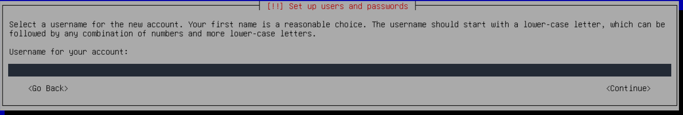 Giriş için kullanıcı adı belirleyin; gerçek Debian kurulum ekranı.