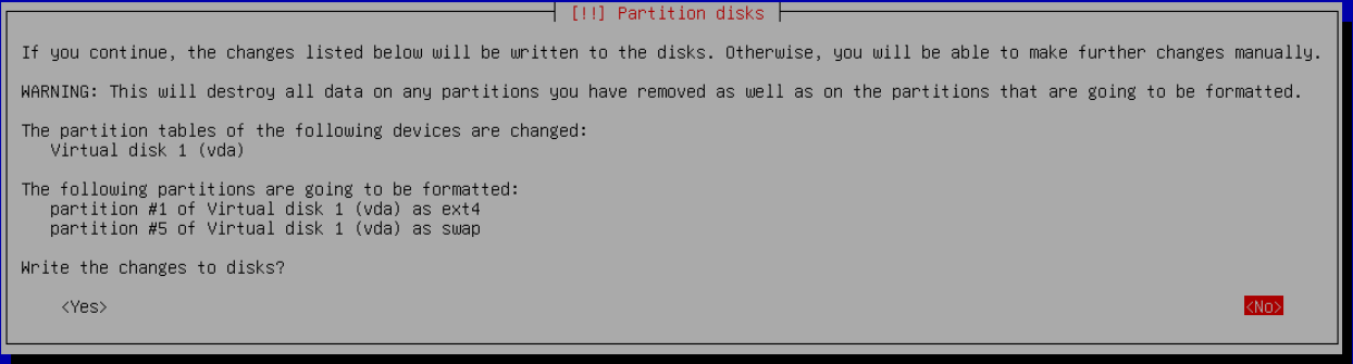 Veri silme onayını dikkatle verin; gerçek Debian kurulum ekranı.